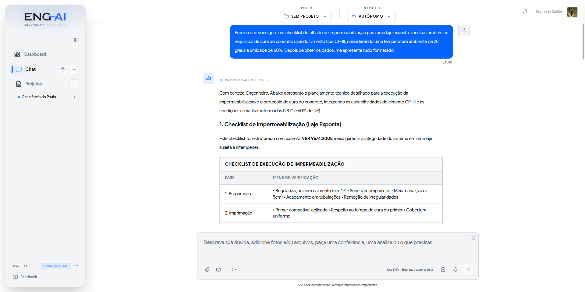 Resposta técnica da ENG-AI com checklist de impermeabilização formatado.